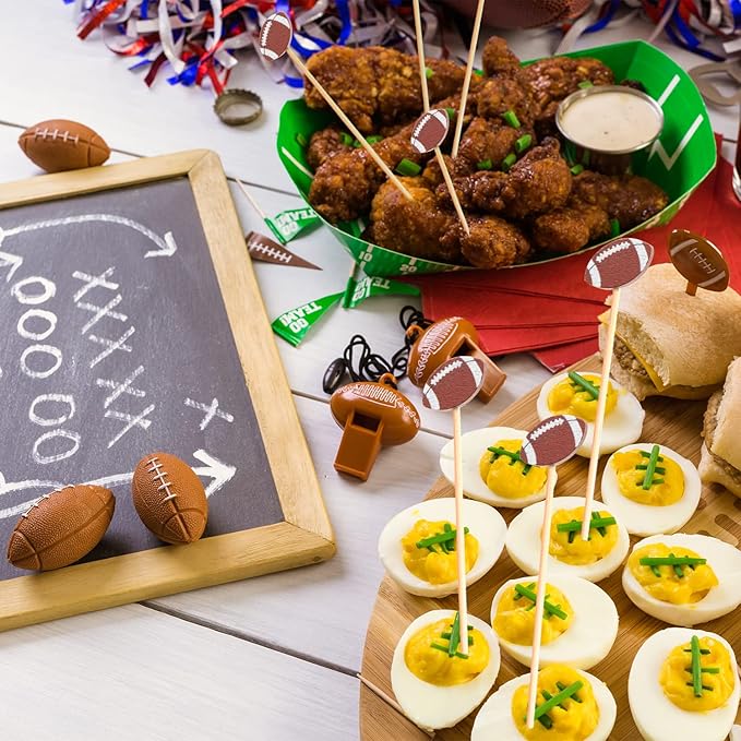 100pcs Football Cocktail Picks Decorative Toothpicks Fruit Sandwich Skewers Dessert Sticks for Rugby Ball Super Bowl League Sports Catered Events Decorations Party Supplies