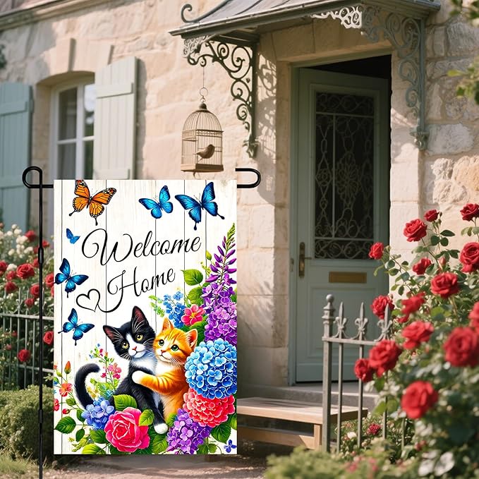 IVN Spring Garden Flag 12x18 Inch Double Sided Cat Flower Butterfly Welcome Home Outdoor Yard Flag for Outside Front Door Lawn Porch Patio Welcome Decor