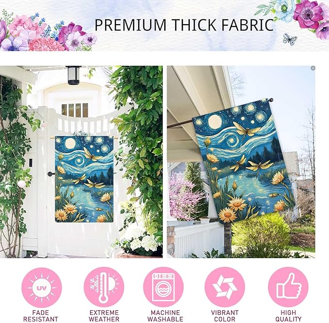 Welcome Summer Dragonfly Garden Flag Starry Night Garden Flag Small Flowers Vertical Double Sided Rustic Farmland Burlap Yard Lawn Outdoor Decor 28x40"
