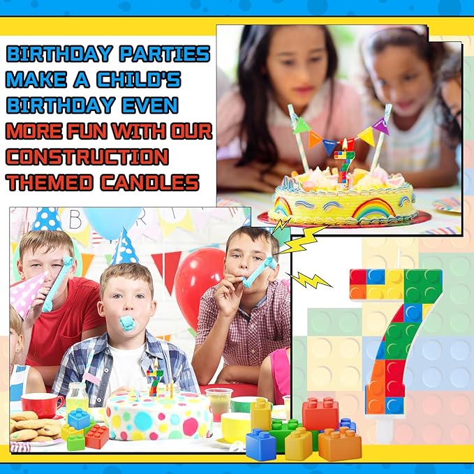 Building Block Themed Birthday Candle Number 7 Candle Birthday Party Decoration Cake Topper for Building Block Party Decoration Theme Party Supplies (Number 7)