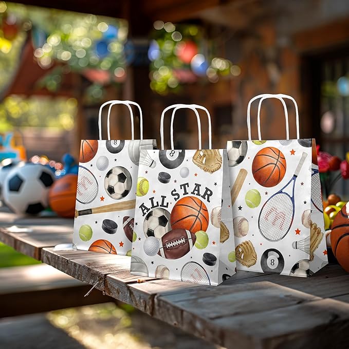 24 Pack Sports Party Favor Bags for Kids – All Star Goodie Bags with Handles, Sports Birthday Decorations, Athletic Party Supplies for Boys and Girls