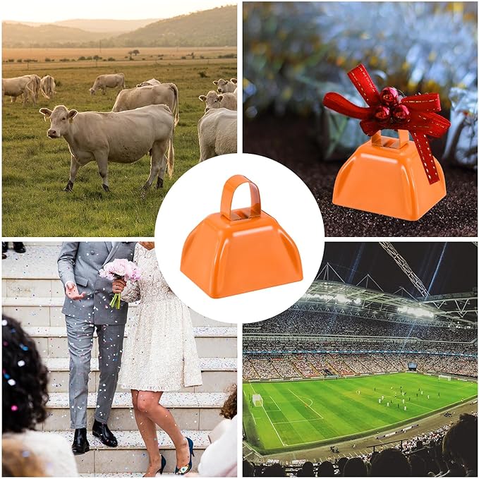 PATIKIL 3inch Cow Bells for Football Games, 12pcs Cowbells for Sporting Events Bulk Loud Noise Makers Metal Cow Bell with Handle for Cheering Competition Marathon Wedding DIY Paint, Orange