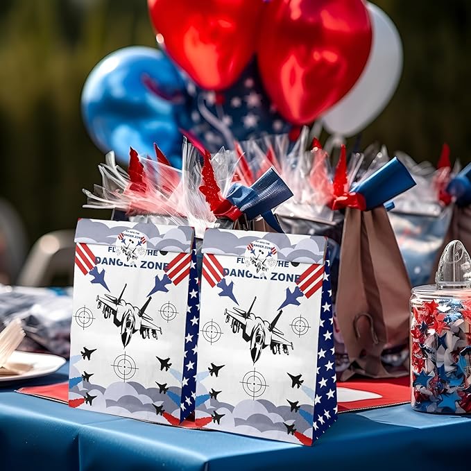 Fighter Jet Party Favor Bags – 24 Pcs Jet Fighter Style Gift Bags with 2 Designs, Paper Goodie Bags for Aviation Theme Birthday Decorations and Military Party Supplies