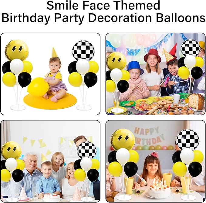 Smile Party Balloons Stand Kit 2 Sets with 2 Black White Checkered Foil Balloons Happy Face Themed Party Balloon Centerpiece for Tables for Baby Birthday Party Yellow Smile Face Themed Decorations