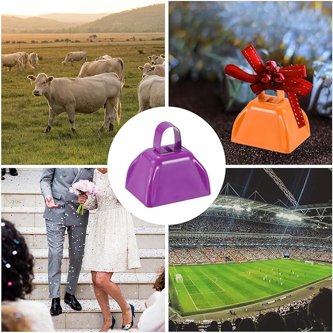 PATIKIL 24pcs Cow Bells for Football Games,3in Cowbells for Sporting Events Bulk Loud Noise Makers Metal Cow Bell with Handle for Cheering Competition Marathon Wedding, Blue Purple