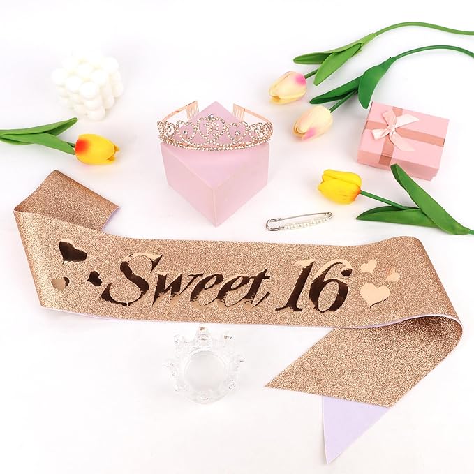 16th Birthday Crown and Sash for Girls Sweet 16 Birthday Decoration 16th Rose Gold Tiara and Sweet 16 Glitter Sash 16th Party Supplies