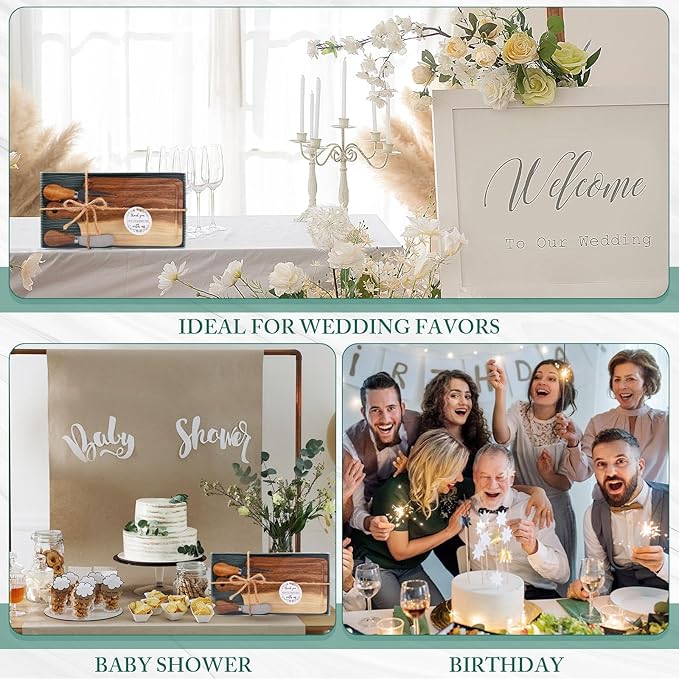 50 Set Bridal Baby Shower Cheese Prizes Wooden Square Board Gift Set Knives Forks Thank You Tags with Box for Guests for Valentines Bridal Baby Shower Housewarming Gifts (Acacia Color)