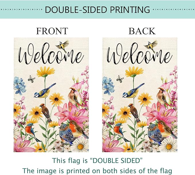 Baccessor Spring Garden Flag Floral Bird Butterfly Flowers Welcome Flag 12.5 x 18 Inch Double Sided Burlap Small Spring Summer Flag for Outside Decor