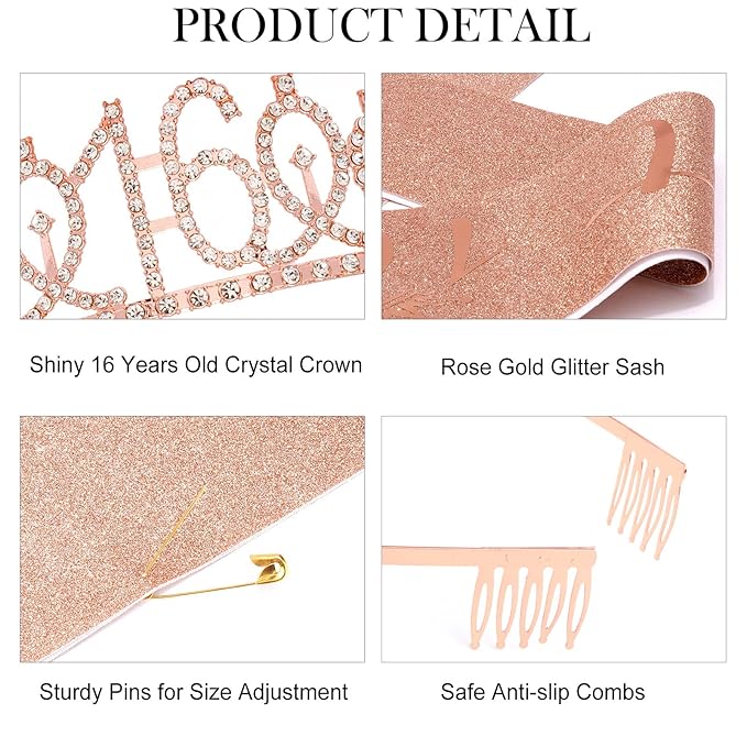 Casoty Rose Gold Sweet 16 Birthday Sash and Tiara, 16th Birthday Decorations for Girls, Sweet 16 Sash and Crown Set with Pearl Pin, 16th Party Supplies Favors for Girls, Gifts for Her