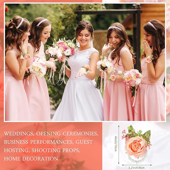 Jexine 12 Pcs Rose Wrist Corsage Bracelets Wedding Bridal Wrist Artificial Flower Wristband Flower Hand Decor for Bride Bridesmaid Homecoming Prom Party Decor(Pink Elegant)