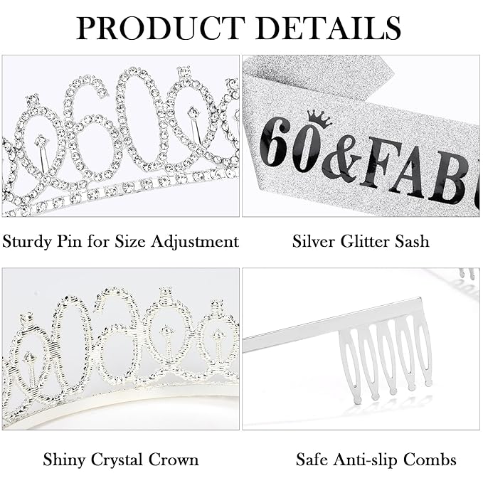 Casoty Silver 60th Birthday Sash and Tiara, 60th Birthday Party Decorations Gifts for Women, 60 Crown and 60 & Fabulous Sash Set Party Supplies Favors for Women Gifts for Her