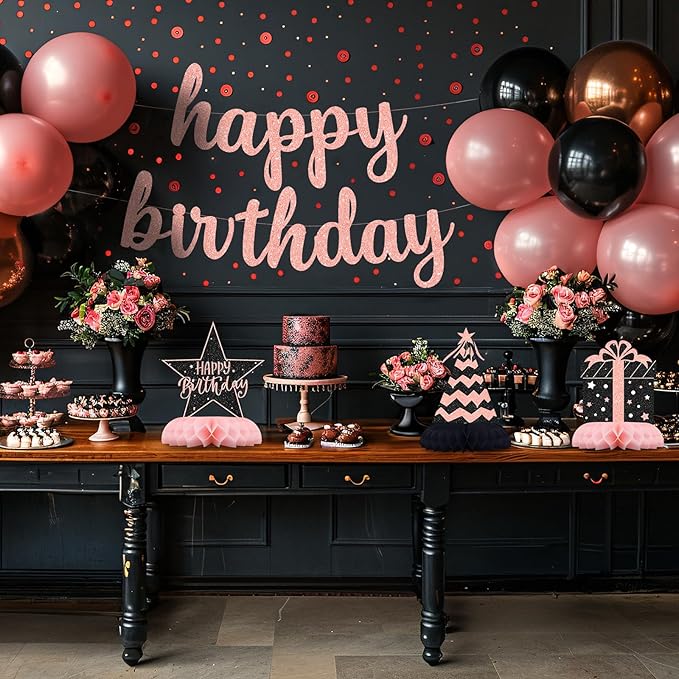 Black and Pink Birthday Decorations – 12Pcs Honeycomb Table Centerpieces for Women or Girls, Elegant Pink Black Party Table Toppers for Birthday Celebration