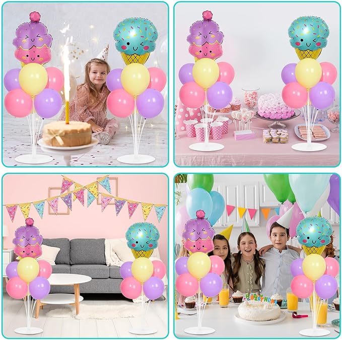 Summer Ice Cream Party Balloons Stand Kit 2 Sets with 2 Macaron Ice Cream Foil Balloons Pastel Sweet One Birthday Balloon Centerpiece for Tables for Girl Birthday Donuts Baby Shower Party Decorations