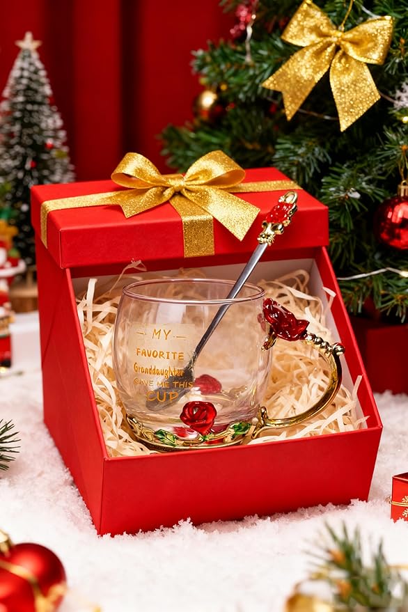Gifts for Grandma Flower Glass Tea Cup Coffee Cup Christmas Gift from Granddaughter Grandkids Grandchildren, Birthday Mother's Day Grandparent Glass Cup Printing Gift (Grandma)