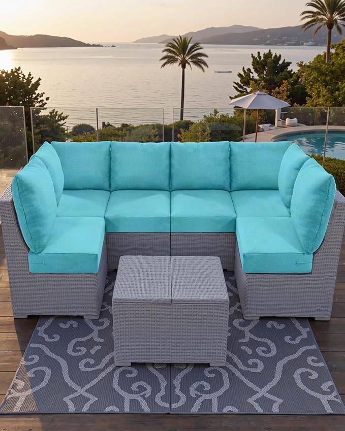 Luxury 24x24x6 Patio Cushions for Outdoor Furniture Set of 2 - Water-Repellent 6-Piece Cushion Set for Outside Wicker Couch Loveseat Chair Sectional Conversation Sets - Turquoise/Classic
