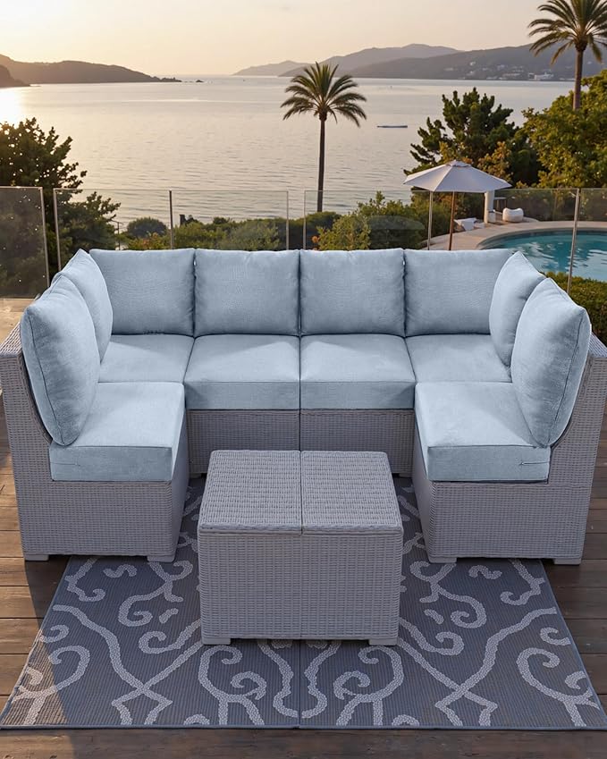 Luxury 24x24x6 Patio Cushions for Outdoor Furniture Set of 2 - Water-Repellent 6-Piece Cushion Set for Outside Wicker Couch Loveseat Chair Sectional Conversation Sets - Baby Blue/Classic