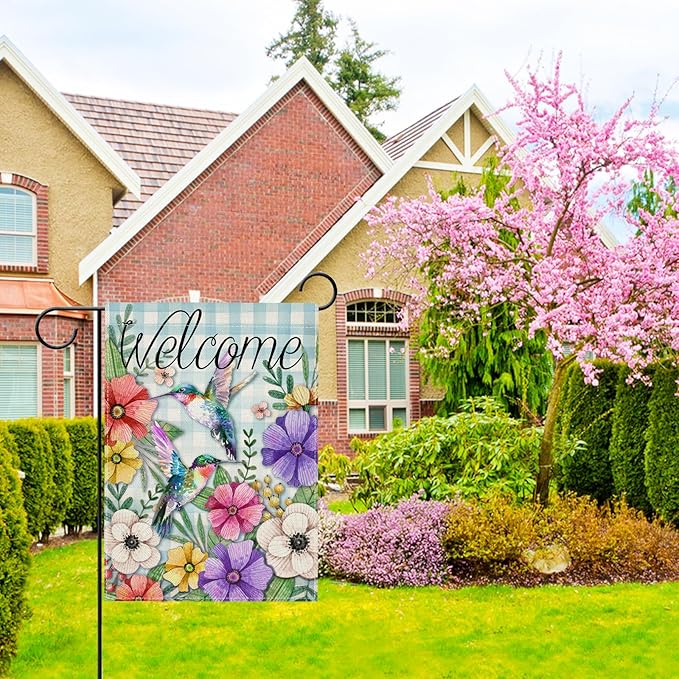 Hzppyz Welcome Spring Garden Flag Hummingbird, Decorative House Yard Lawn Outdoor Small Burlap Bird Flag Flower Decor, Blue Plaid Summer Farmhouse Seasonal Outside Decorations Double Sided 12 x 18