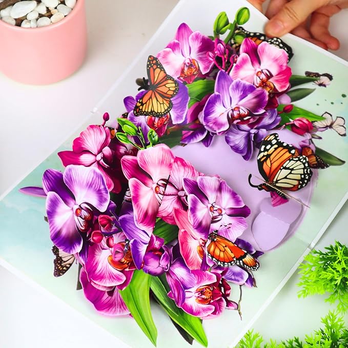 CUTE POPUP Thank you 3D popup card - Captivating Orchid and butterflies design - 6x8 inches - Memorable Keepsake for Friend, family or Colleague in any Occasion