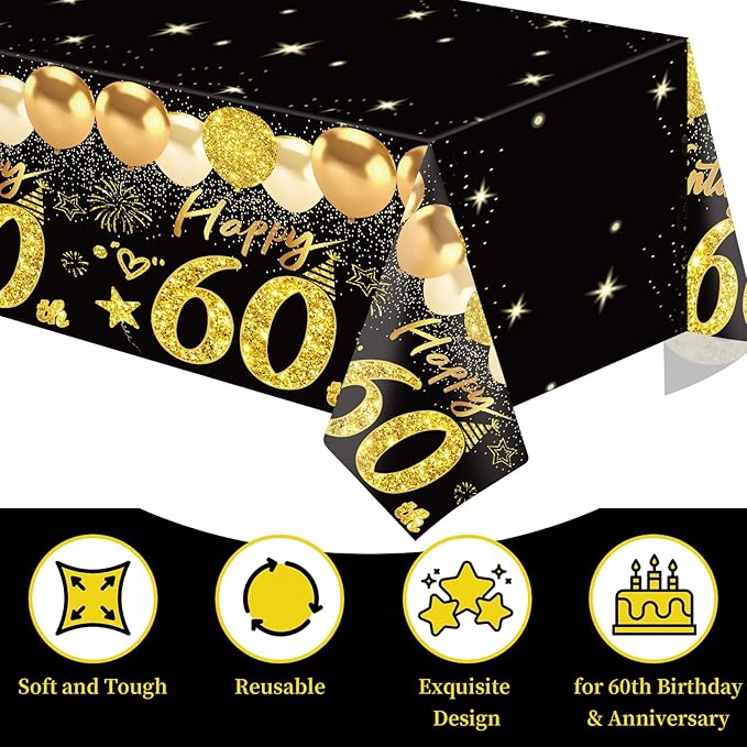 2pcs 60th Birthday Tablecloth, Black Gold 60th Birthday Decorations for Men Women Vintage 1966 Table Cloth Plastic Rectangular Table Cover Happy 60 Anniversary Party Supplies