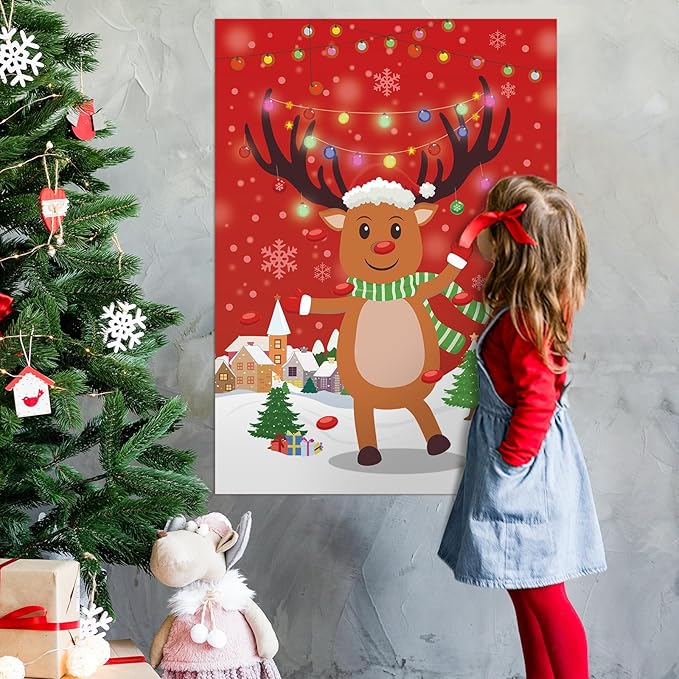 Hooqict Christmas Games Pin The Nose on The Reindeer Christmas Holiday Party Games for Kids Family Party Activities, Large Reindeer Games Poster with 42 Nose Stickers