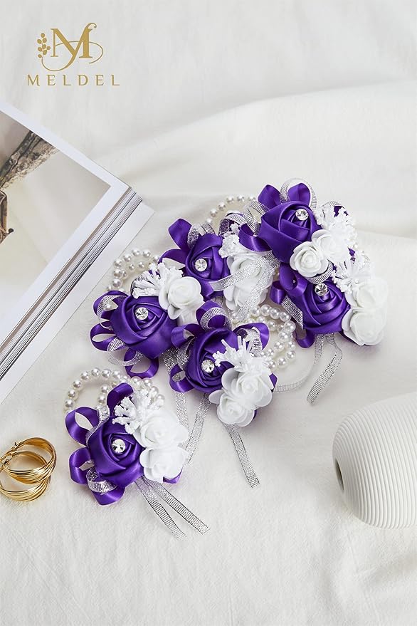 Meldel Wrist Corsages for Wedding, Set of 2, Classic Purple Artificial Wrist Corsage Bracelets for Wedding Mother of Bride and Groom, Rose Wrist Hand Prom Flower Ceremony Anniversary,Party, Gift