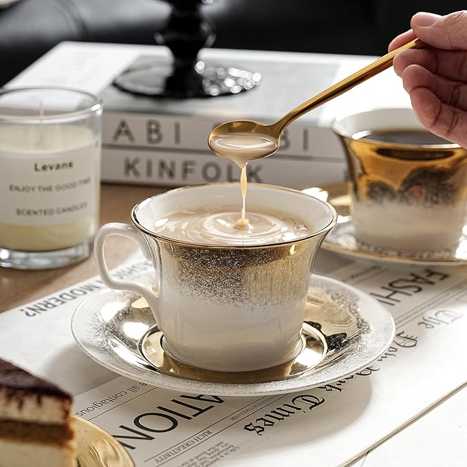 Tea Cups and Saucers Set of 2 with Gold Spoon, Ceramic Coffee Cups with Matching Plates, Handcrafted Gold & Silver Glaze, Luxury Cup & Saucer Gift Set with Box, 5oz