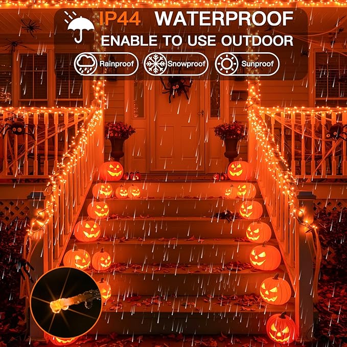 suddus Orange Halloween Lights Outdoor with Remote, 66ft 200 LED Connectable Waterproof String Lights Plug in, Dimmable Clear Wire Fairy Lights for Fall, Thanksgiving, Dorm, Party, Garden, Porch Decor