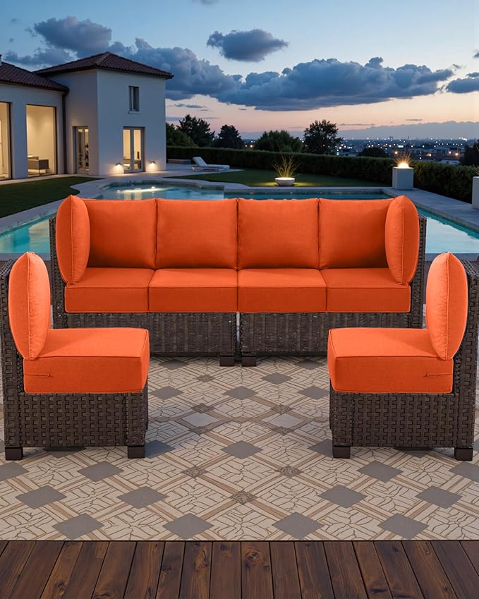 Luxury 24x24x6 Outdoor Seat Cushions for 6-Seat Sectional Sofa Set of 6 - Water-Repellent 14-Piece Patio Cushion Set for Outside Rattan Wicker Loveseat Chair L-Shape Couch - Orange/Classic