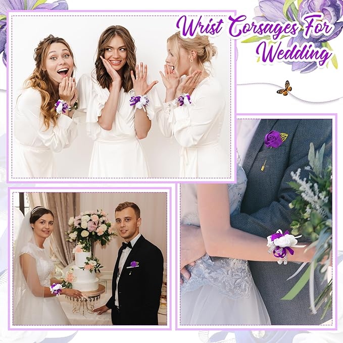 Tigeen 24 Pcs Wrist Corsage and Men's Boutonniere Set for Wedding Wristlet Corsage Hand Flower for Mother of Bride, Bridal, Bridesmaid Suit Decorations (Purple)