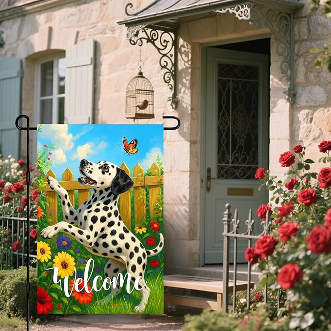 IVN Spring Summer Welcome Garden Flag 12x18 Inch Double Sided Dalmatian with Butterfly and Flowers Outdoor Yard Flag for Outside Home Front Door Lawn Porch Patio Welcome Decor