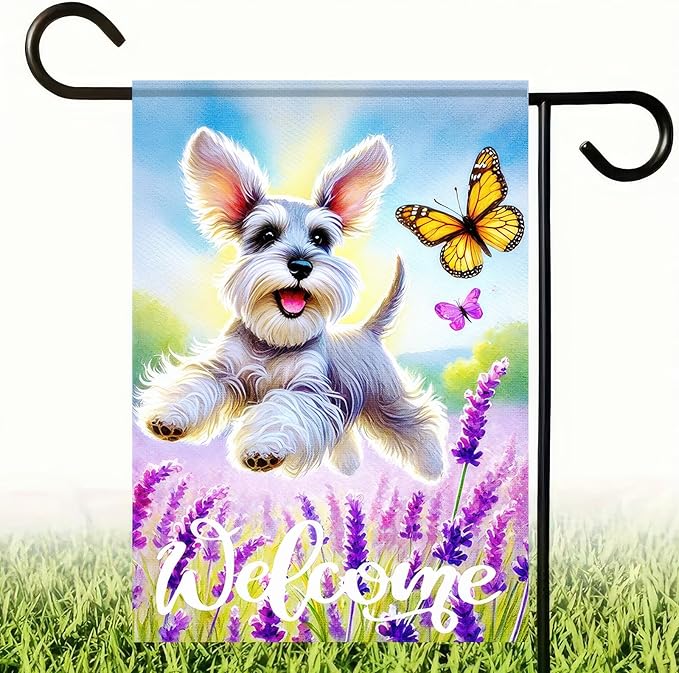 BlissYard Spring Garden Flag Welcome Garden Flag Spring Summer Dog Flags 12x18 Inch Double Sided Schnauzer Puppy Lavender Florals Butterfly Outdoor Yard Lawn Porch Decor Banner