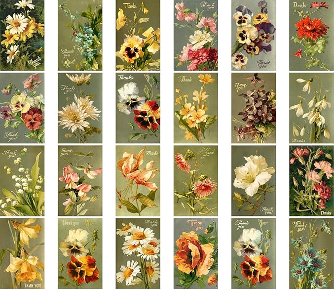PIXILUV THANK YOU Vintage Postcards 24 pcs Wild Flowers Garden Pastoral Retro Cards REPRINT