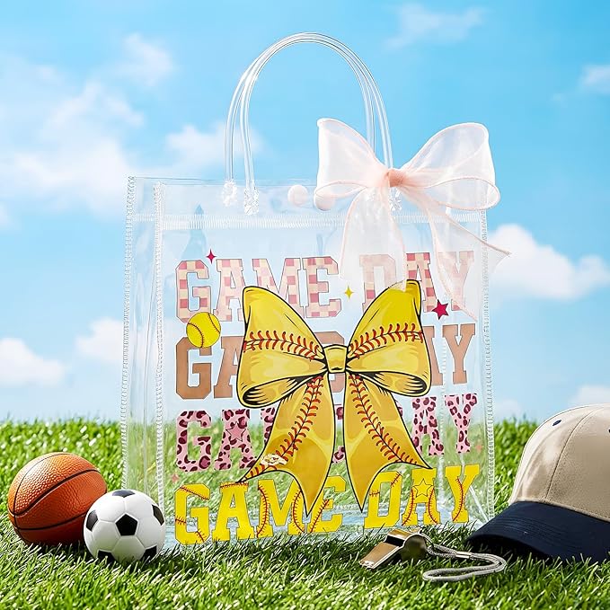 Sweetude 24 Pcs Game Day Softball Clear Treat Bags with Handles Bulk Game Day Softball Goodie Bags Sport Theme Party Gift Favor with Bow Ribbon for Girl Youth Team Snack Birthday Gifts 7.9 x 7.9 Inch
