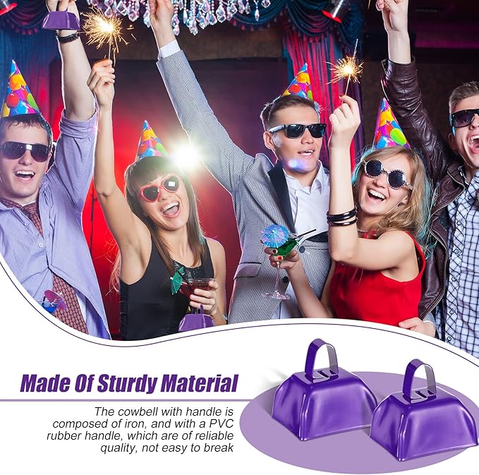 Yeshone 24 Pcs Metal Cowbell with Handle Cow Bells Noise Makers for Sporting Events Small Loud Noisemaker Cow Bell for Wedding Cheering Football Games, 3 x 2.8 x 2.5 Inch(Purple)