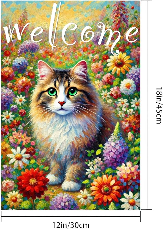 BlissYard Spring Welcome Cat Garden Flag Double Sided 12x18 Inch Tabby Cat Garden Flag Funny Floral Tulip Cats Flags Vertical Farmhouse Welcome Yard Spring Summer Seasonal Outdoor Porch Decor