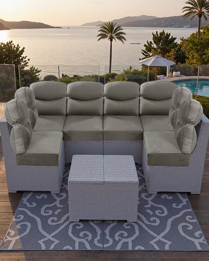 Luxury 24x24x6 Patio Cushions for Outdoor Furniture Set of 2 - Water-Repellent 6-Piece Cushion Set for Outside Wicker Couch Loveseat Chair Sectional Patio Conversation Sets - Grey/Smile