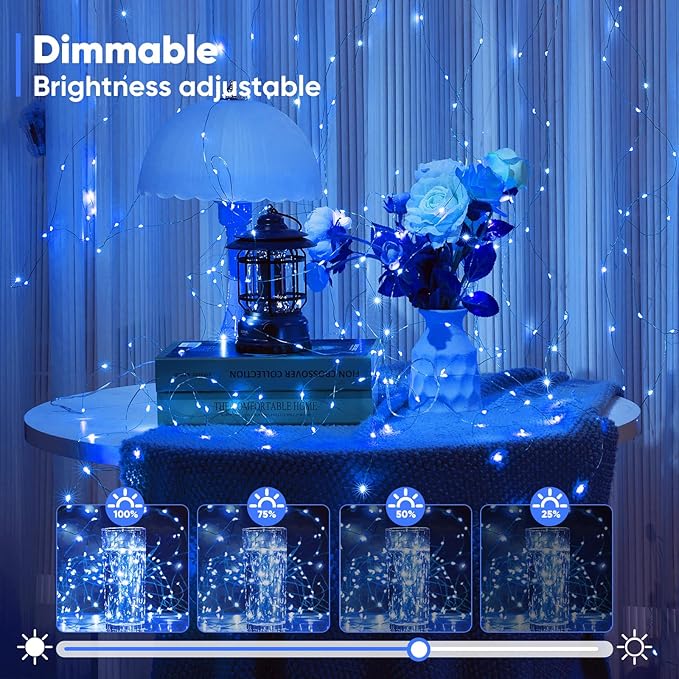 Ariceleo 1 Pack 32.8 Ft. Battery Operated Outdoor String Lights with Remote & Timer, LED Blue Fairy Lights, Waterproof Twinkle Lights for Bedroom, Dorm, Mason Jar, Wedding, Party, Christmas