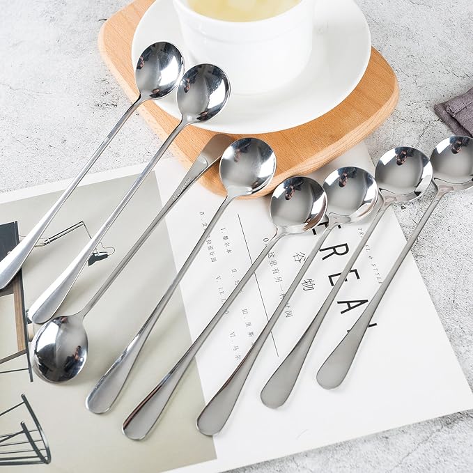 Long-handled ice tea spoon, cocktail stir spoons, stainless steel coffee spoons, ice cream scoop Set of 8 (Silver, Round)