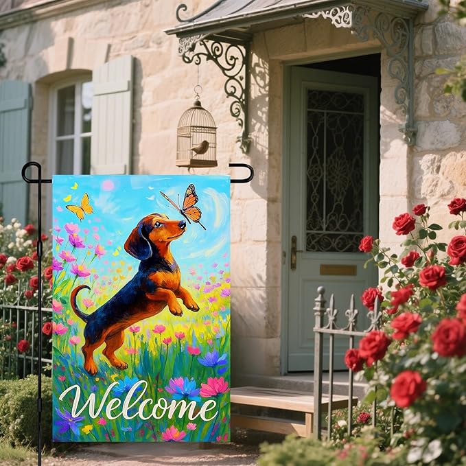 IVN Welcome Dachshund Garden Flag 12x18 Inch Double Sided Dog Butterfly Flower Outdoor Yard Flag for Home Front Door Lawn Porch Spring Decor