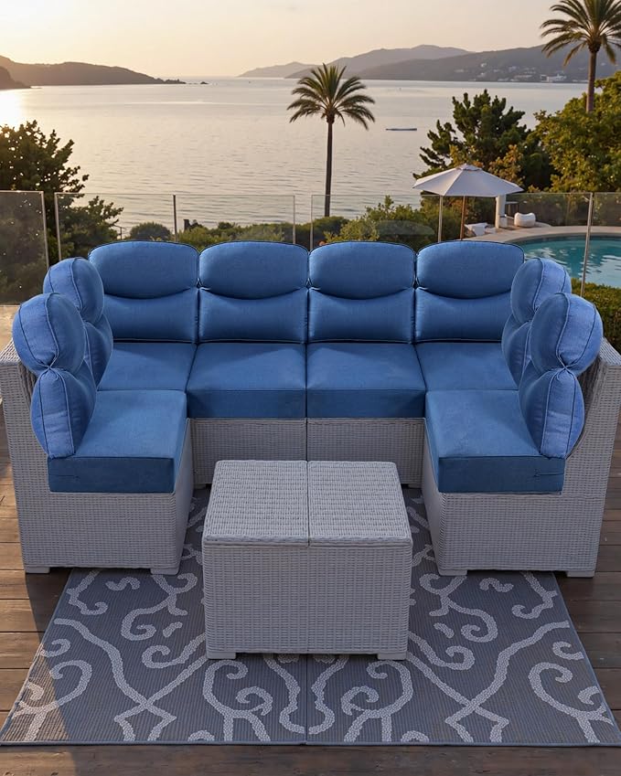 Luxury 24x24x6 Outdoor Cushions for 5-Seat Sectional Sofa Set of 5 - Water-Repellent 11-Piece Patio Cushion for Outside Rattan Wicker Loveseat Chair L-Shape Couch - Navy Blue/Smile
