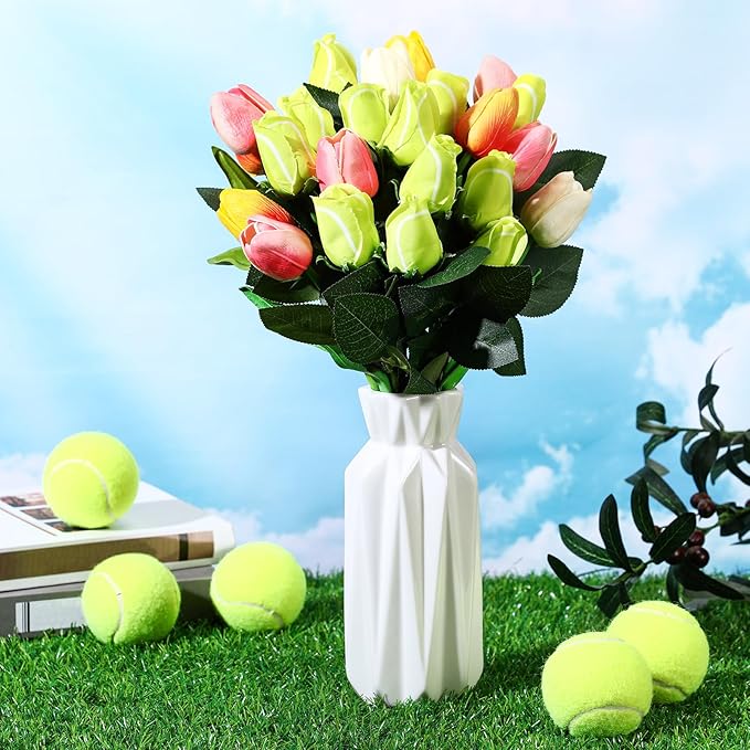 Suhine 12 Pcs Sports Party Favors Cheer Gifts Artificial Football Soccer Basketball Baseball Flowers for Birthday Game Day Tailgate Wedding Party Decorations (Tennis Color,Normal)
