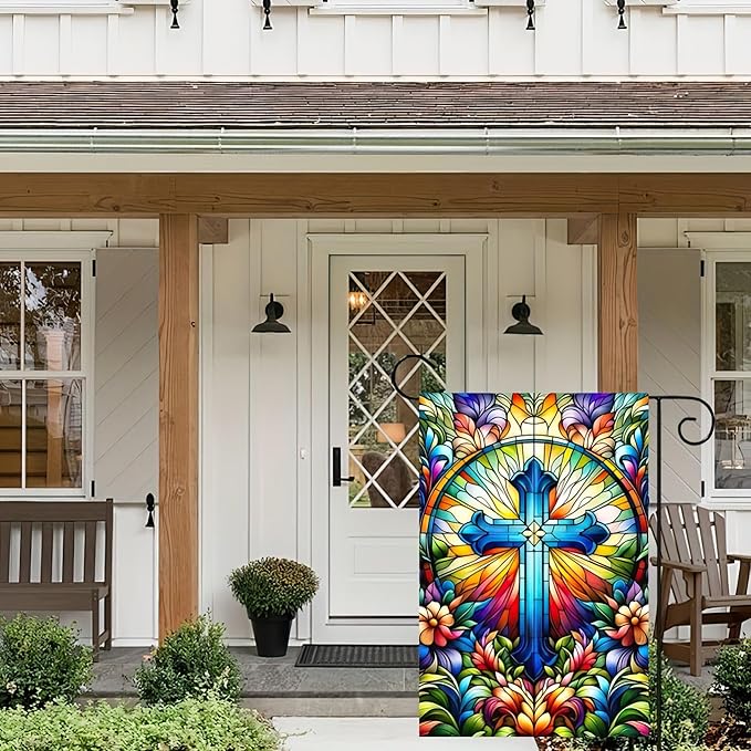 HOMETITUTE Welcome Garden Flag Spring Summer Christian Garden Flag Religious Faith Stained Glass Cross 12x18 Inch Double Sided Outdoor Yard Lawn Porch Decor