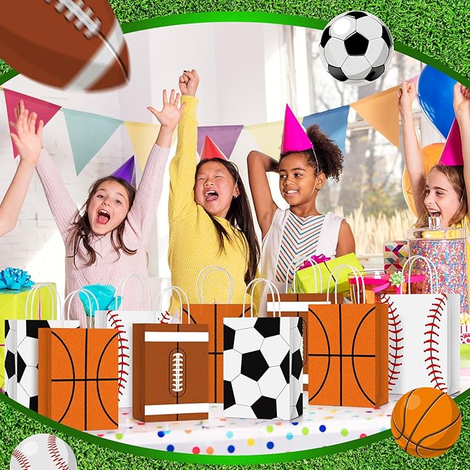 TaoBary 24 Pcs Sports Party Favor Bags Football Baseball Goodie Treat Gift Bags with Handles for Soccer Basketball Baseball Sports Themed Birthday Party Decoration Kids Baby Shower Supplies