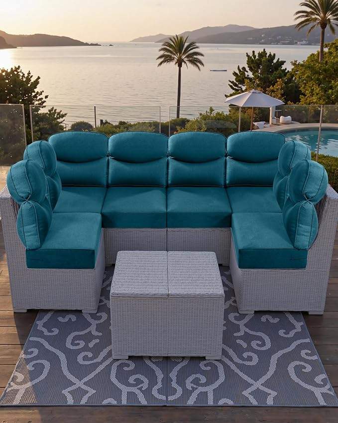 Luxury 24x24x6 Outdoor Couch Cushions Set of 3 - Water-Repellent 8-Piece Cushion Set for Outside Rattan 3-Seat Sofa Loveseat Chair Sectional Patio Conversation Sets - Peacock Blue/Smile
