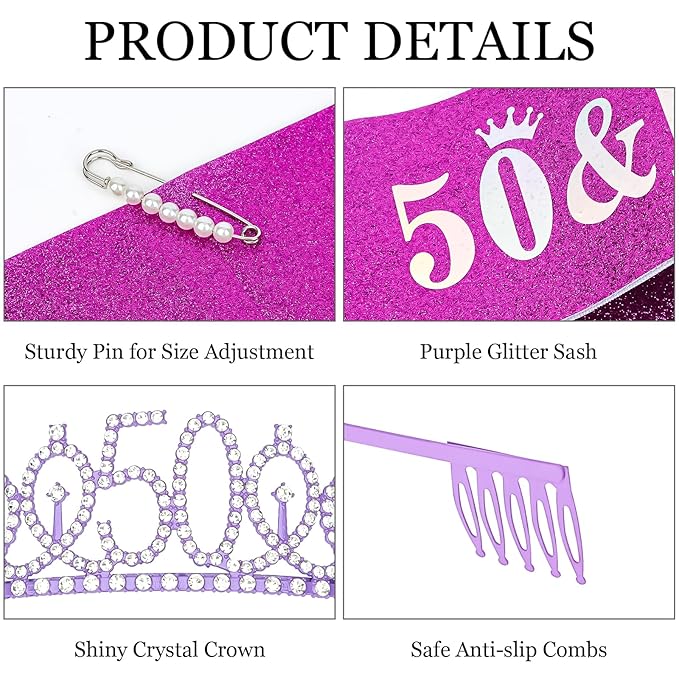 Casoty Purple 50th Birthday Sash and Tiara, 50th Birthday Decorations for Women, 50 &FABULOUS Sash and Crown, Gifts for Her, Party Supplies Favors for Women