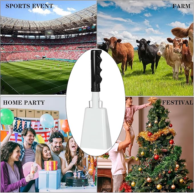 10inch Metal Cowbells with Handle, 1Pcs Cow Bells with Wrist Strap for Sporting Events, Football Games,Party, Concert, Graduations, Farm Ranch, White