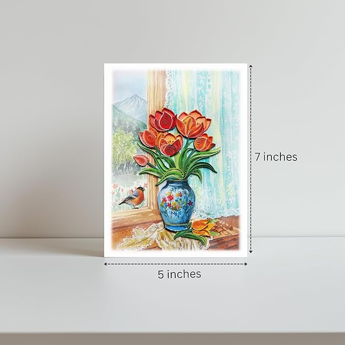 Mother Day Card, Tulip Quilling Card for Birthday, Anniversary, Watercolor Classy Cards for Mom, Women, Wife, Daughter (Tulip with American Robin)