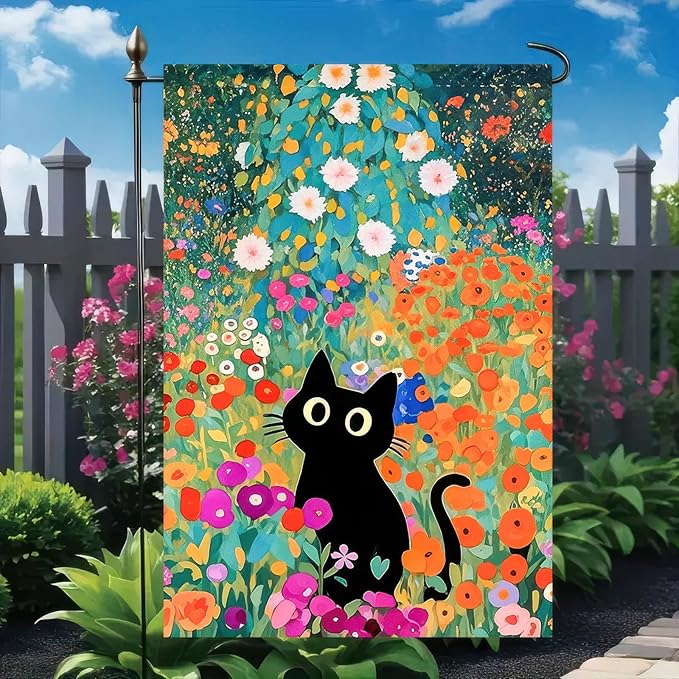 BlissYard Spring Garden Flag 12x18 Inch Double Sided Black Cat Flowers Small Flags For Outside Outdoor Decor Farmhouse Holiday Spring Summer Seasonal Decorations Yard Flags