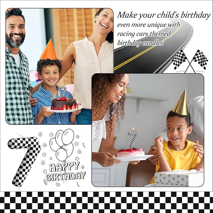 Racing Cars Themed Birthday Candle Number 7 Checkered Candle Birthday Party Decoration Cake Topper for Racing Car Party Decoration Theme Party Supplies (Number 7)