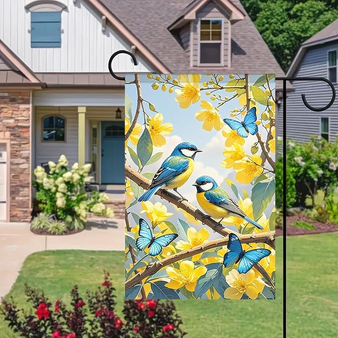 BlissYard Spring Garden Flag Garden Decorations 12x18 Yellow Flower Blue Bird Butterfly Backdrop Yard Banner Yard Decorations Outdoor Decoration Seasonal Accent Garden Decor For Outside